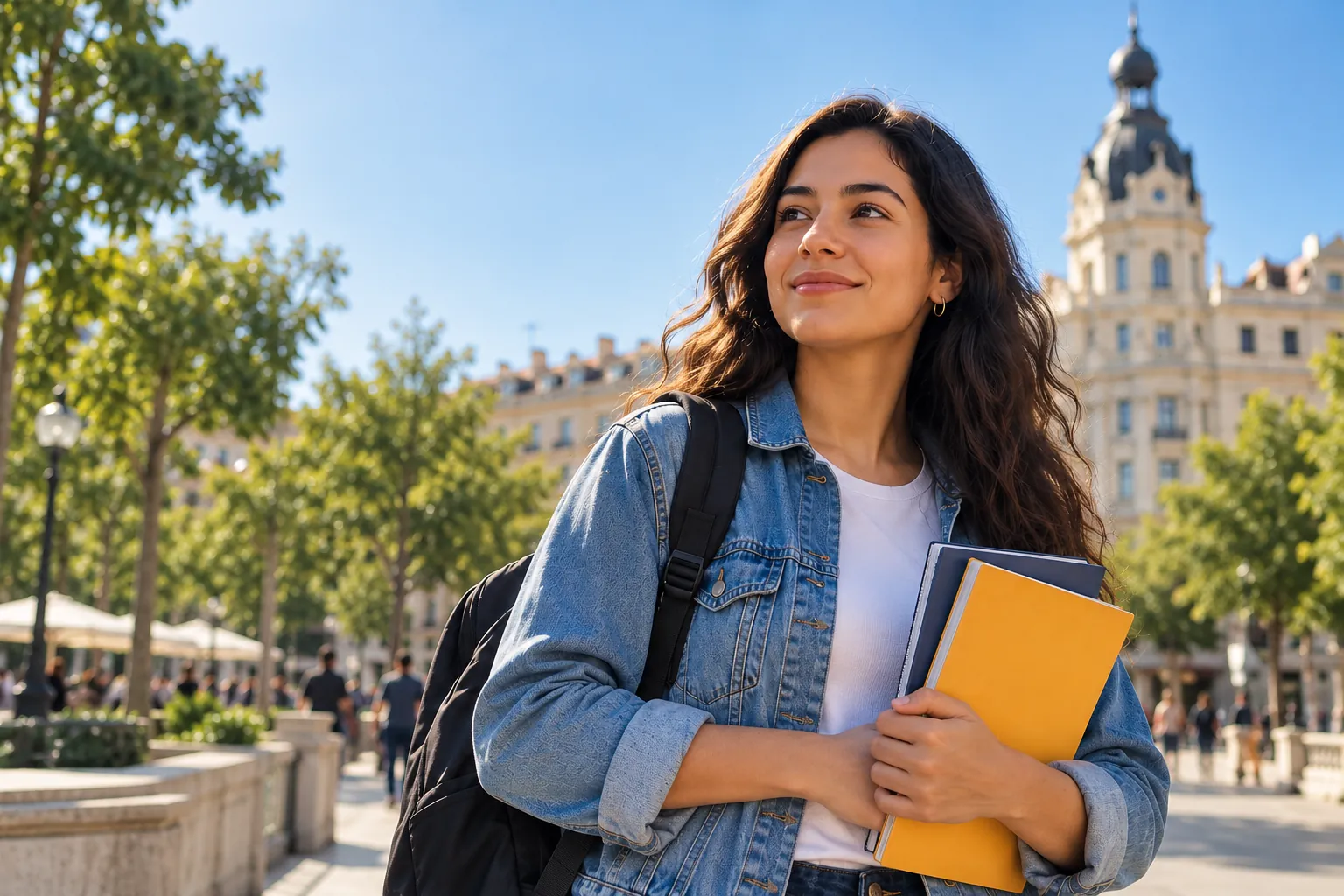 Estudiante latinoamericana con su mochila y sus libros en una plaza de una ciudad española